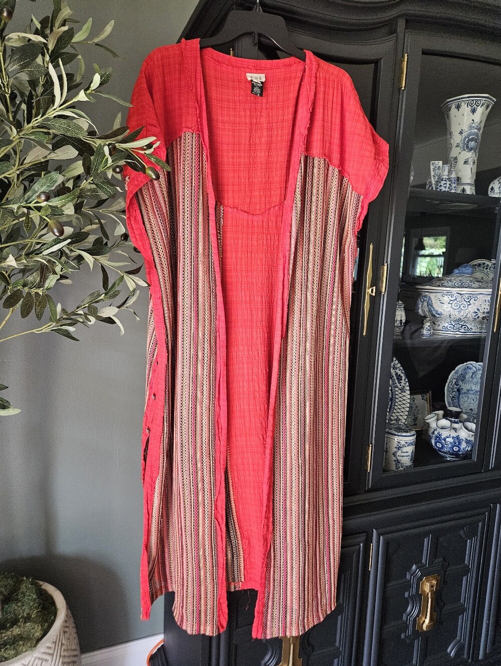 POL Gypsy Kimono Striped Maxi Length Boho Knit Vest Duster Cardigan - Size M